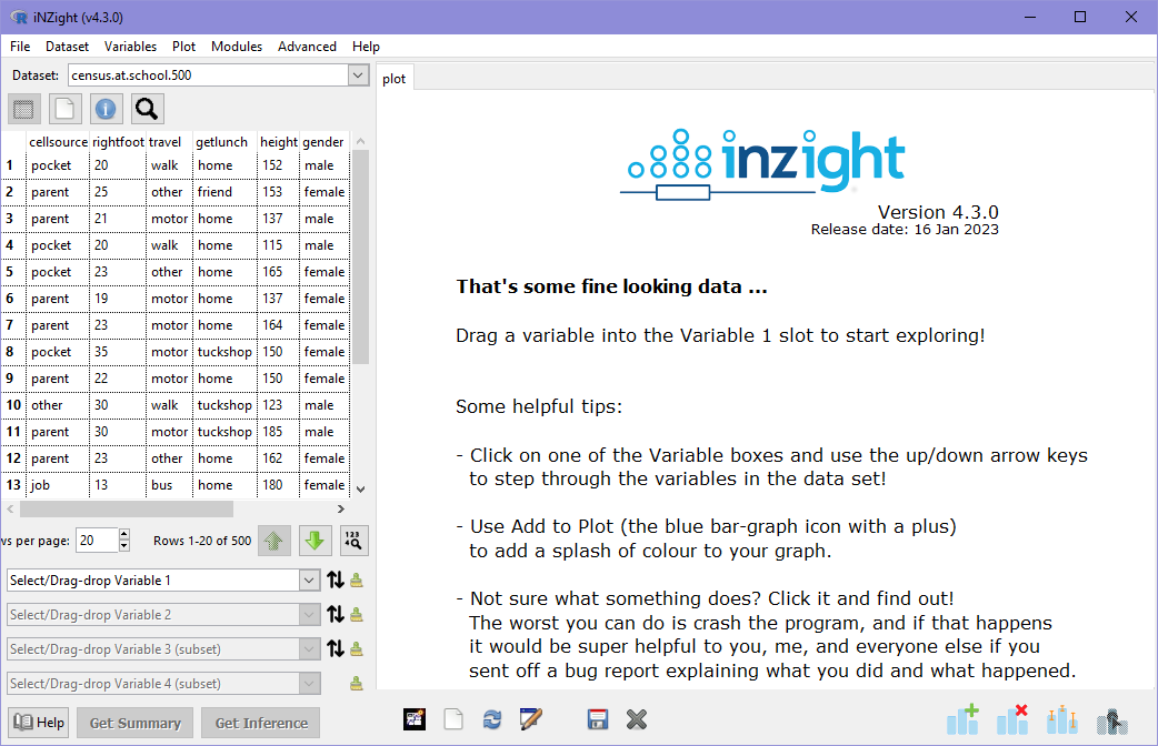 iNZight with the Census at School 500 data loaded